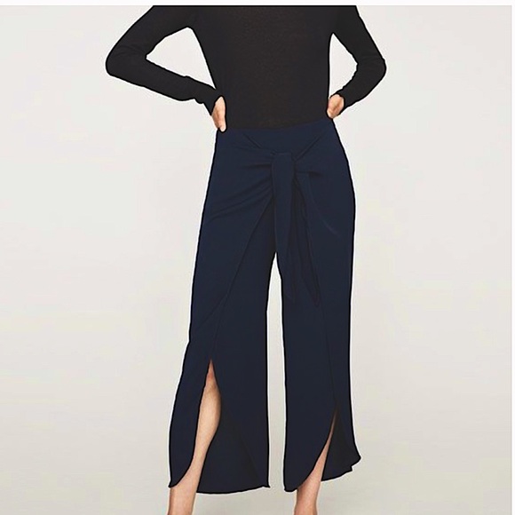 Zara Trousers with Front Knot Navy Blue Slit Front - Picture 1 of 2